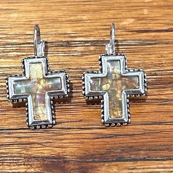 Premier Designs Cross Earrings Mother of Pearl Silver Plated - Picture 1 of 8